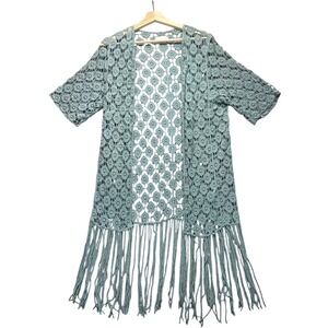 Rebellion Again Sage Green Crochet Fringe Cardigan Boho Festival Coverup Small